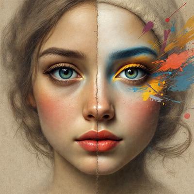 The primary subject of the image is a woman with two different colored faces. One face is painted with red and blue makeup, while the other face is painted with yellow and blue makeup. The setting is a painting, and the visual style is a combination of digital art and illustration. The colors and mood of the image are vibrant and lively, with the woman's faces standing out as the main focus.